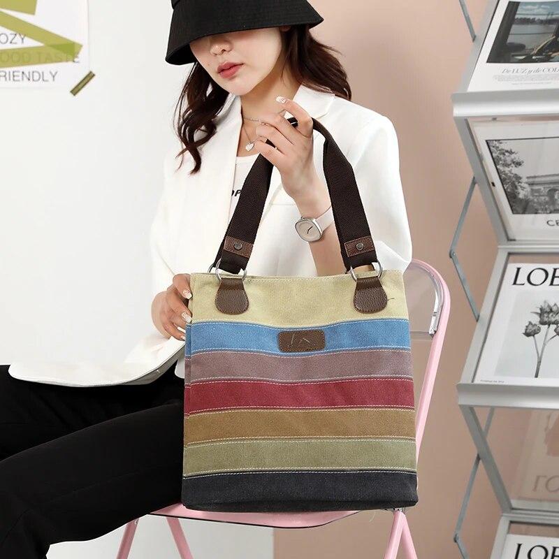 Hohe Qualität Frauen Umhängetasche Weibliche Patchwork Top-Griff Taschen Vintage Gestreiften Leinwand Tasche Damen Tote Tasche Handtaschen