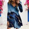 Women Plus Size V Neck Long Sleeve Printed Light Blue A Line Dress