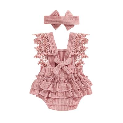 Combinaison d'été pour bébé fille de 3, 6, 12, 18 mois, manches en dentelle, col carré, nœud, barboteuse avec bandeau