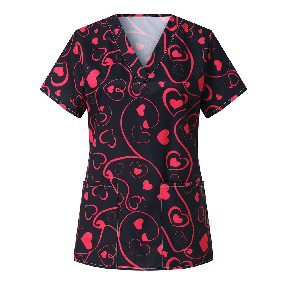Nurse Uniform Love Heart Print Pocket V-Neck Nursing Scrubs Tops Workwear Women's T-shirts