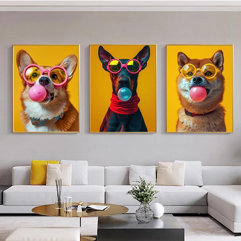 Fun And Funny Cute Dog Wearing Glasses And Blowing Bubblesr Art Poster Canvas Prints Mural Living Room Bedroom Home Decoration