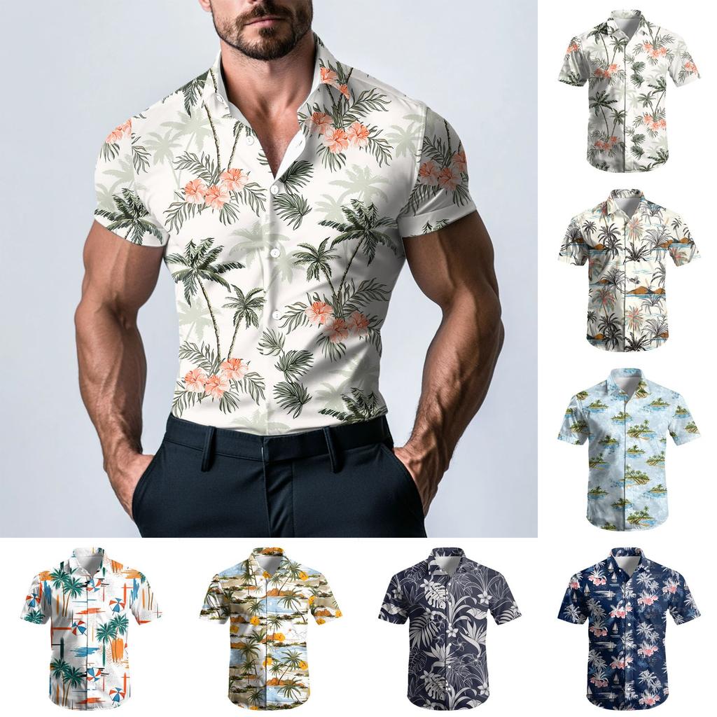 Men's Fashion Printed Satin Short Sleeve Shirt Top