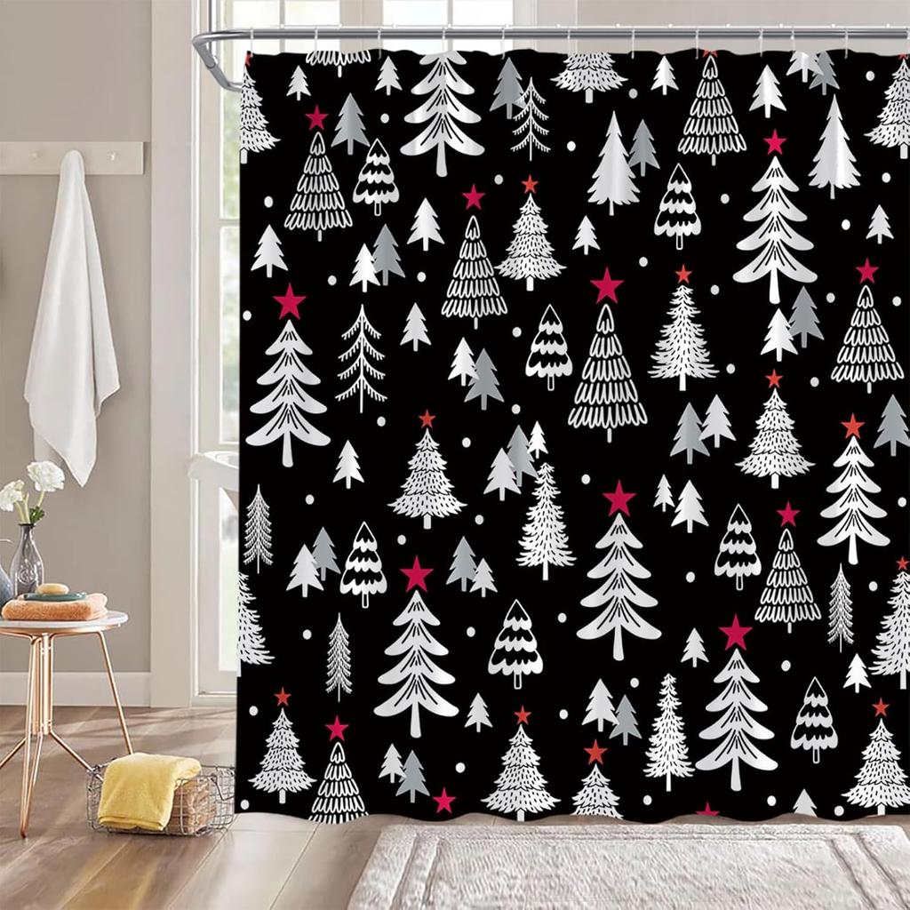 Christmas Tree Shower Curtain Blue Cute Xmas Tree Stars Cartoon Winter Holiday Merry Christmas New Year Bathroom Decor