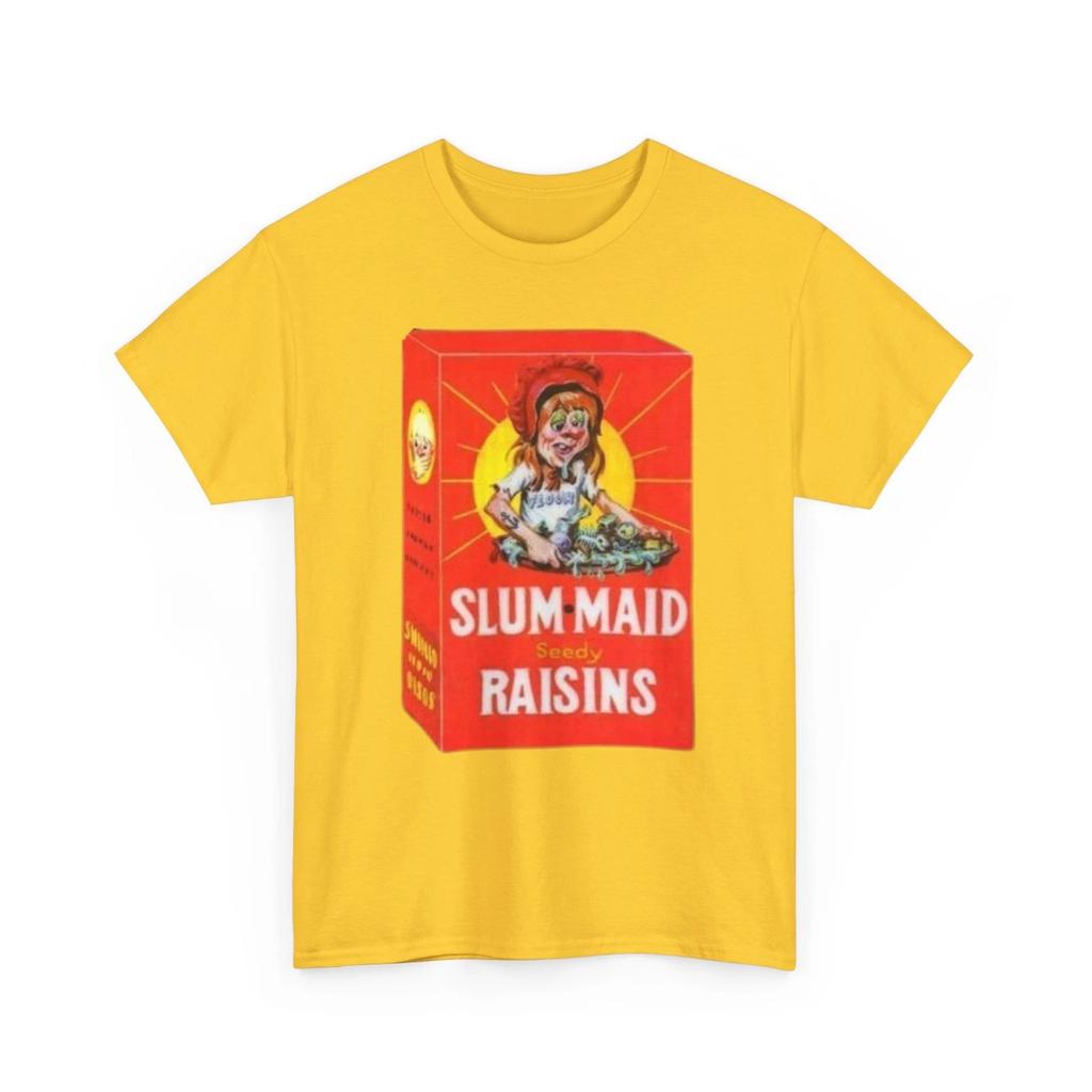 Wacky Packages Slum-Maid Raisins Printed T shirt Funny Sun-Maid Parody