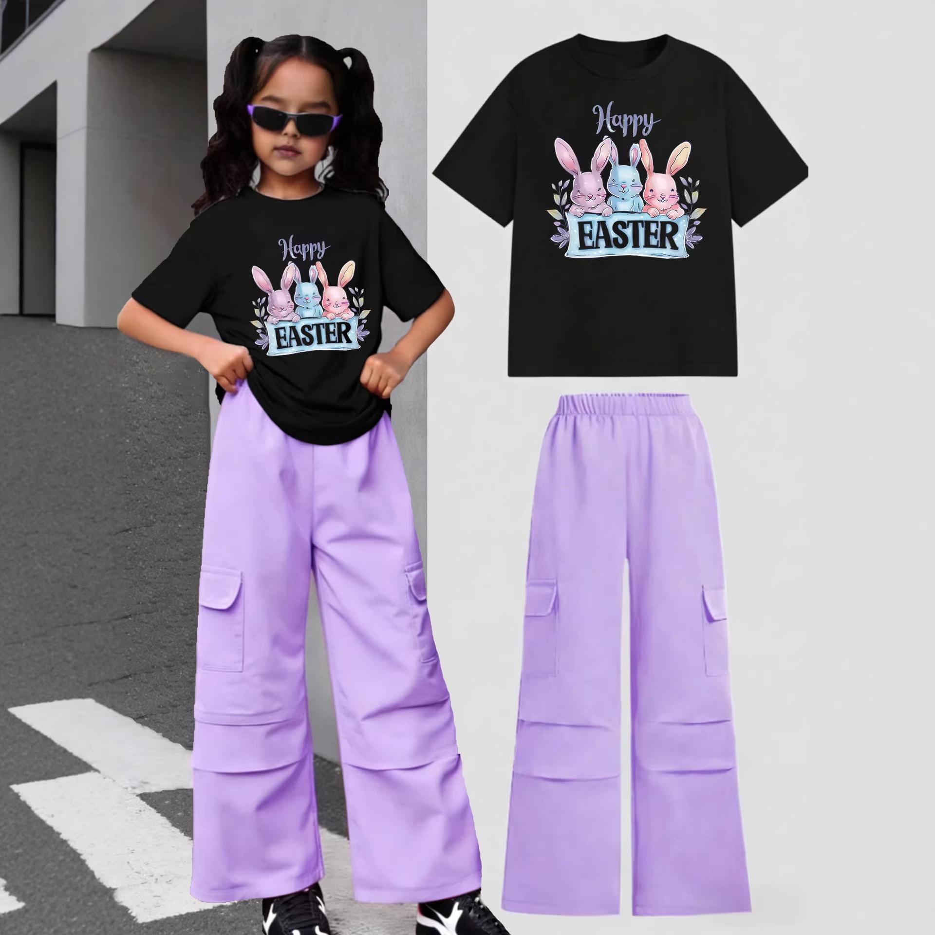

Girls Casual Short-sleeved Work Pants Set for Summer, Children s Fashionable Easter Cartoon Print Two-piece Set 12Y