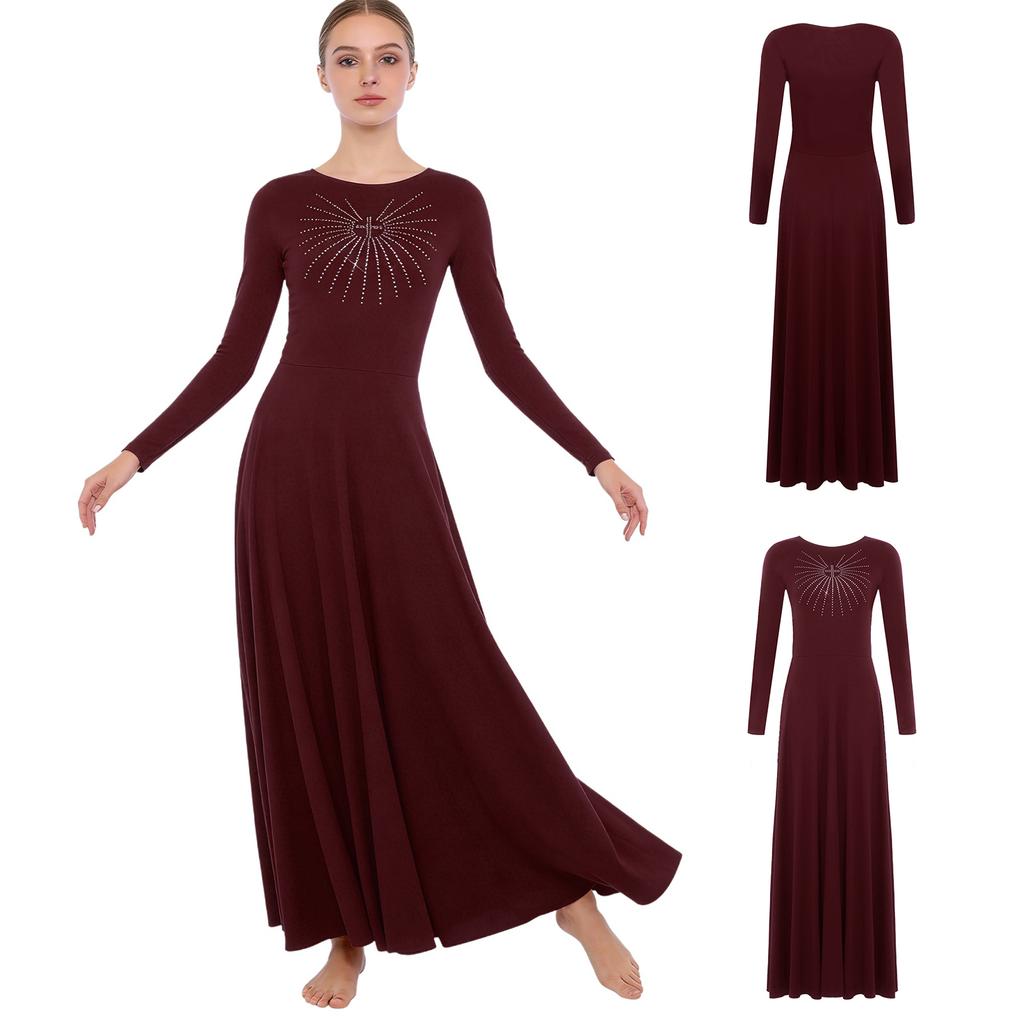 S-XXL Dámské liturgické lyrické taneční šaty Přední kamínky Dlouhý rukáv Kulatý výstřih Liniové maxi tuniky pro kostelní sbor, bohoslužby, modlitební akce