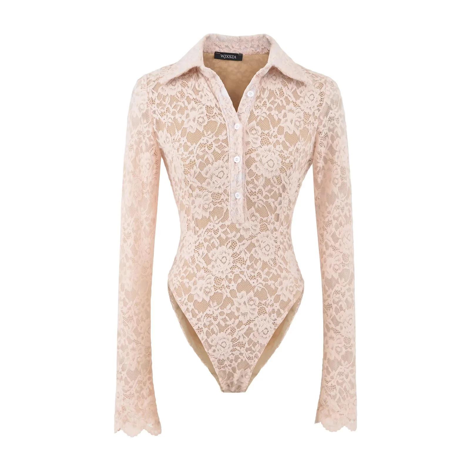 

European Fashion Crochet Lace Lapel Bodysuit M/Recommended 95-105 jin