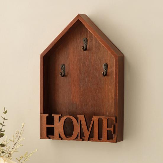 Wooden Home Key Holder with 3 Hooks Rustic House Wall Mount Key Organizer Multi-purpose Home Office Entryway Decorative Key Hanger Rack