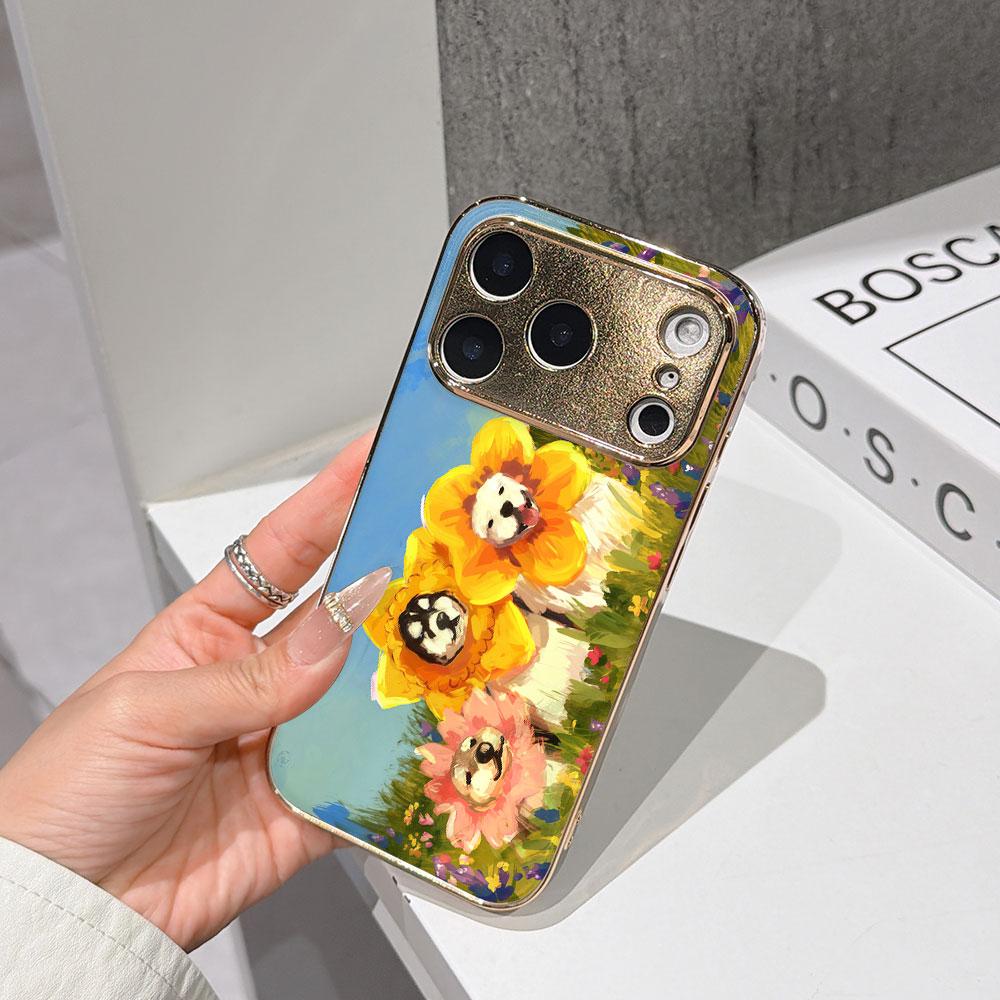 

Lucky Start Phone Case For iPhone 17 16 15 14 13 12 11 Pro Max 16E Gold Electroplated glass shell Garden dog Cover IPHONE11