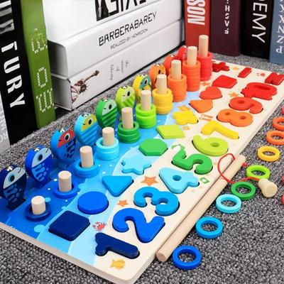 Kinder Montessori Mathe-Spielzeug für Kleinkinder, pädagogisches Holzpuzzle, Angelspielzeug, Zählen, Zahlen, Formen, passende Sortierspiele, Brettspielzeug