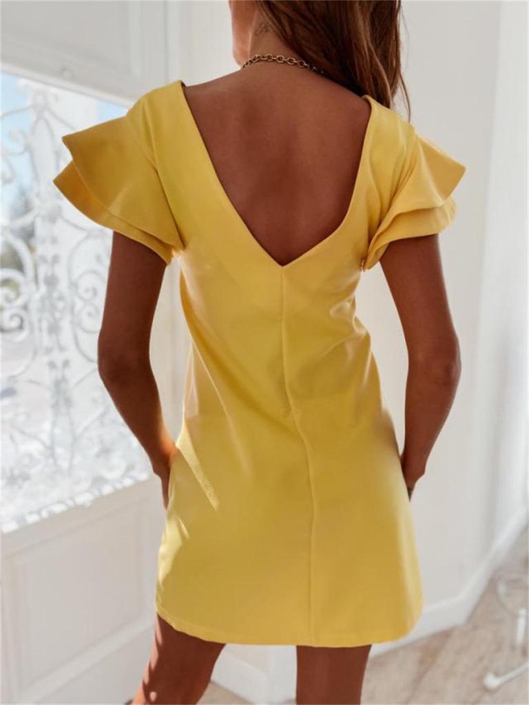 2022 Summer Round Neck Short Sleeve Backless Ruffle A-line Dress