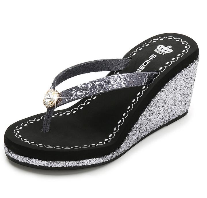 New summer Sequins Thick Bottom Slippers Sandals Summer Women Beach Wedges Shoes Sexy High Heel Rhinestone Flip Fops women