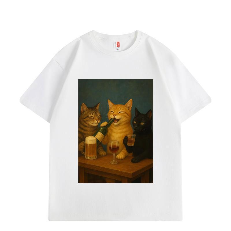 Funny Drinking Cat Meme Graphic T-shirts High Street Fashion Trend Short Sleeve T Shirts Men Women Casual Loose T-shirt