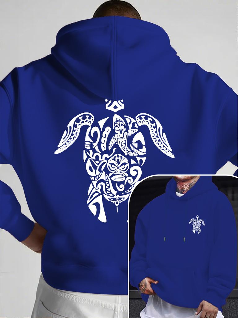 Sweat à capuche Hip Hop Sportif pour Enfants Cool, Motif Tribal Rétro Tortue de Mer Impression Artistique Avant Arrière, Sweat à Capuche Lâche à Cordon de Serrage Pour Tenue Quotidienne