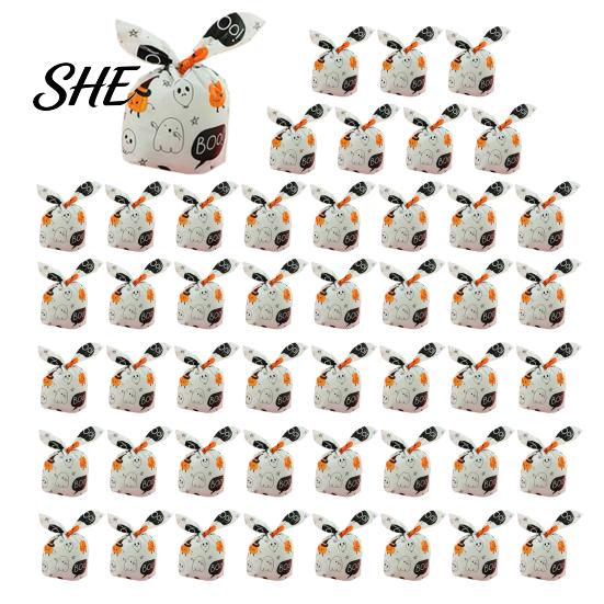 Transparent Cookie Bags with Drawstrings 48 Pcs Halloween Candy Bags, Kids Trick or Treat Goodie Cute Rabbit Small Containers for Party Ear