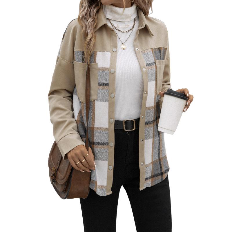 Veste décontractée à carreaux et poches à revers pour femme, grande taille, automne