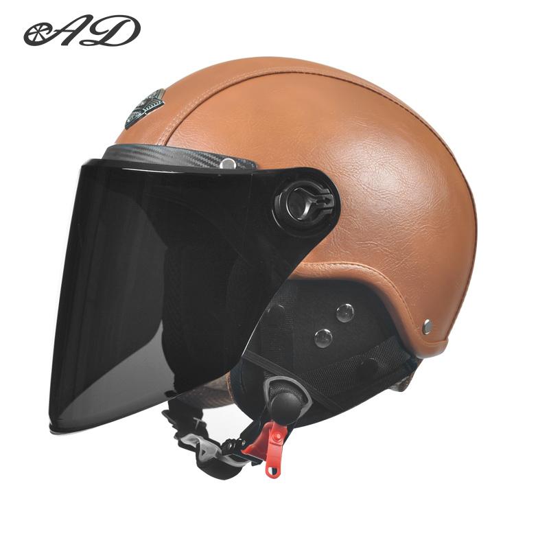 AD Retro Motorcycle Helmets with Harley Visor Leather Helmet for Man Electric Motorbike Vintage Protected Motor Safety Cap