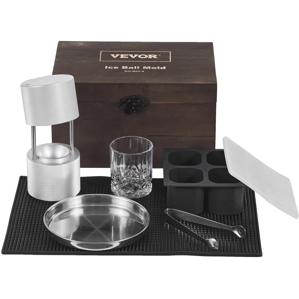 VEVOR Ice Ball Press Kit, Aircraft Al Alloy Ice Press with Ice Block Mold, Large Mat, Tong, Drip Tray, One Glass