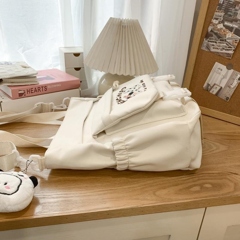 Torba tote w stylu koledżowym dla uczniów szkół średnich i ponadpodstawowych, z kreskówkowym haftem szczeniaka, o dużej pojemności, na ramię