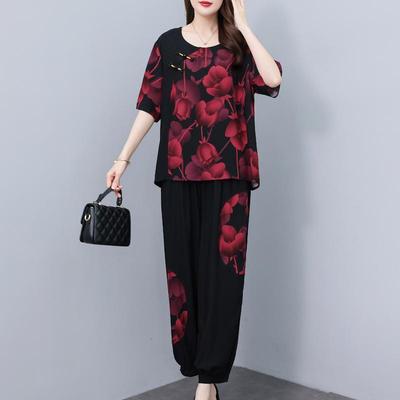 Plus Size Elegant Sets for Women 2 Pieces Summer Casual Loose Pants Sets Middle-aged Women's Clothing
