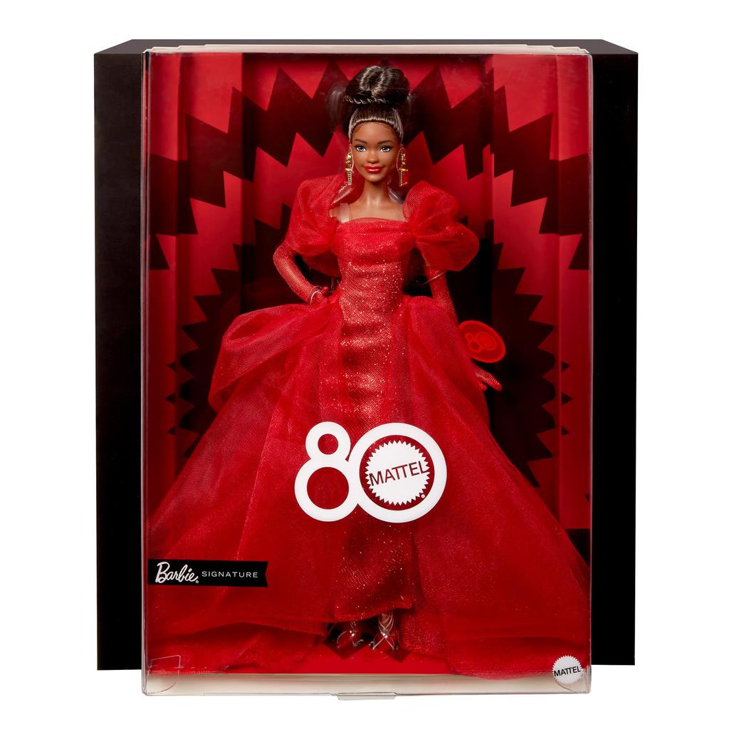 Barbie Mattel 80th Anniversary Brunette Signature Doll, BLACK, Dress-Up Doll/House, Pretend Play, Barbie Doll, Ages 6+, Red, JBJ18