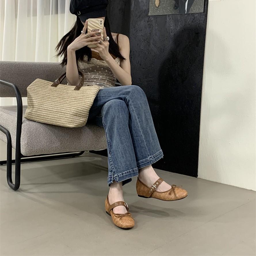 Su Yinyin Has the Same Bow Elastic Band Mary Jane Shoes Flat Soft Waxy Ballet Shoes Women's Single Shoes