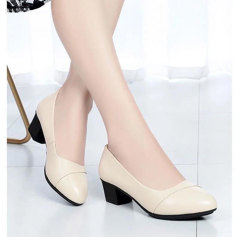 women fashion round toe black leather slip on daily elegant pumps lady casual comfort spring & summer shoes ba425