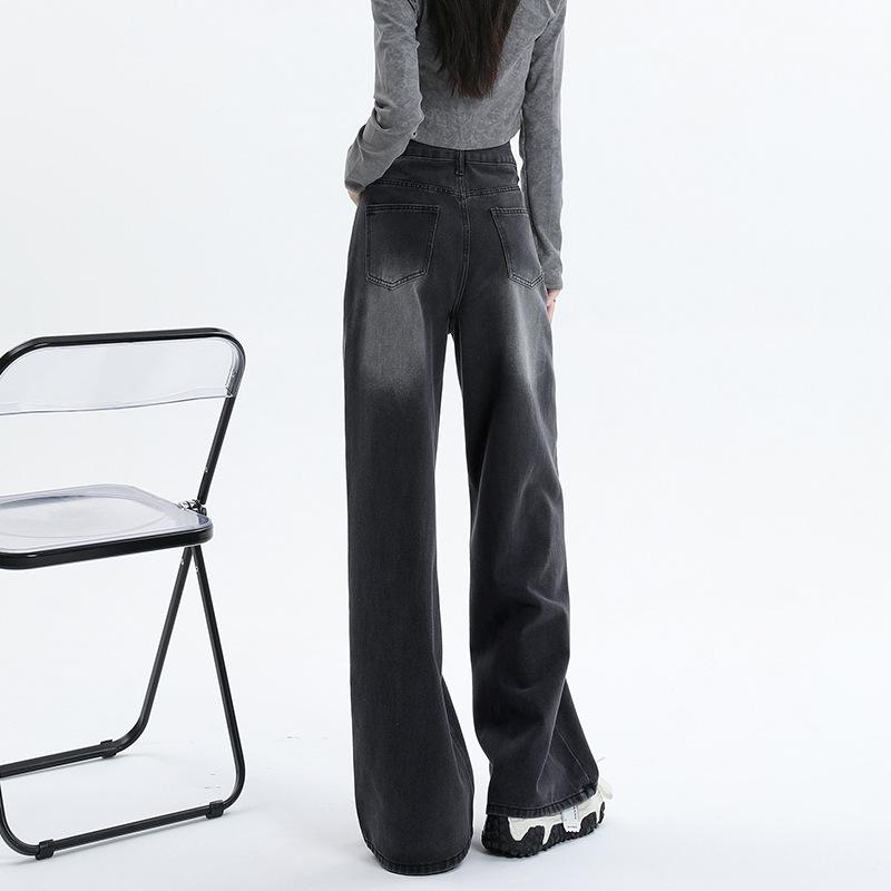 Washed Black and Gray High-waisted Wide-leg Denim Women's American High Street Loose-fitting Floor-mopping Straight-leg Pants