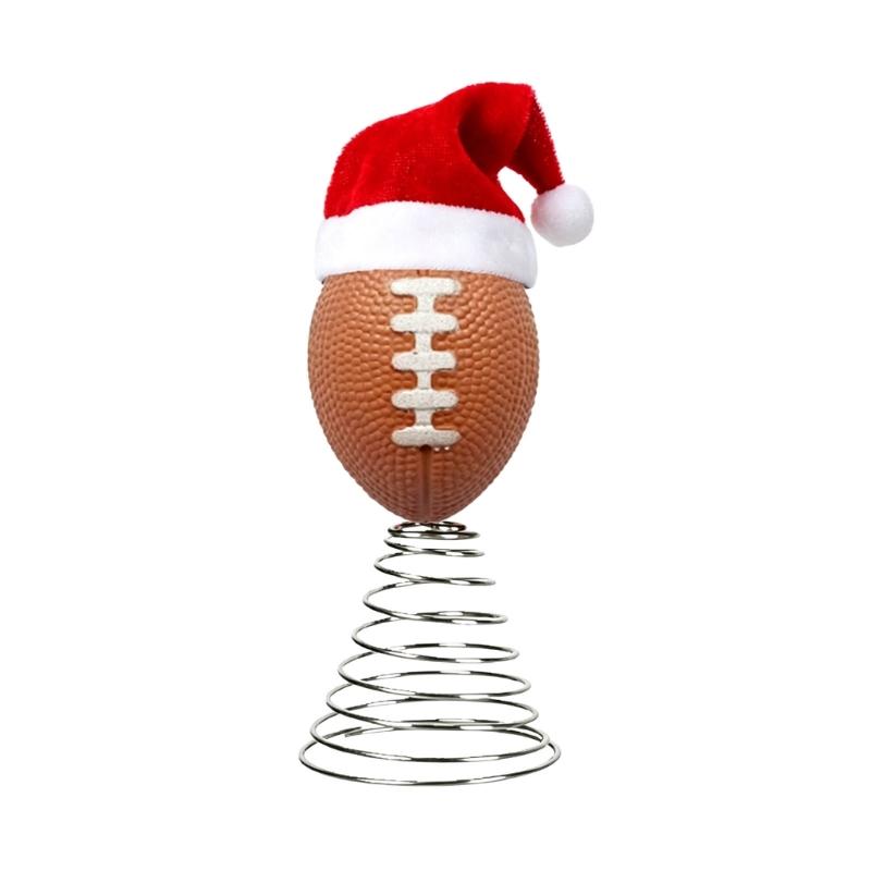 Sports Ball Christmas Tree Top Ornament, Spring Mounted Santa Hat Style for Indoor Holiday Party Tabletop Shelf Display