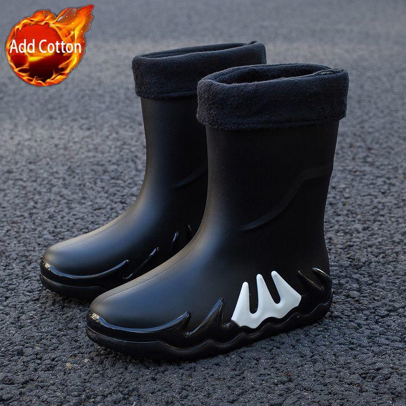Young Motorcycle Fleece-lined Winter Men's Rain Boots Print Biker Warm Pvc Waterproof New Fishing Work Original Mud Male Shoes