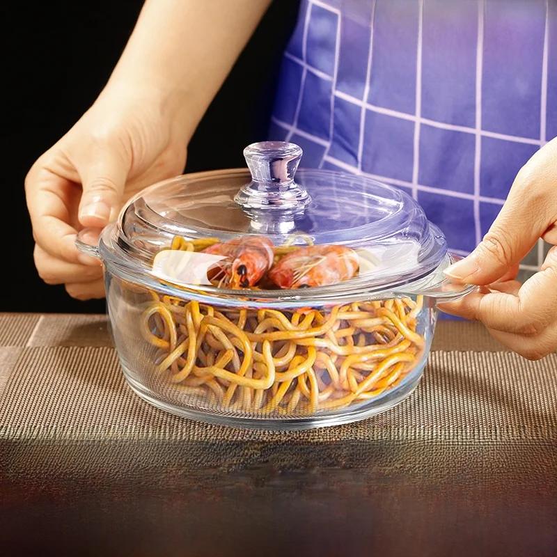 Heat Resistant Tempered Glass Bowl with Lid for Microwave Oven Large Size Noodle Soup Bowl Double Ear Household Croery
