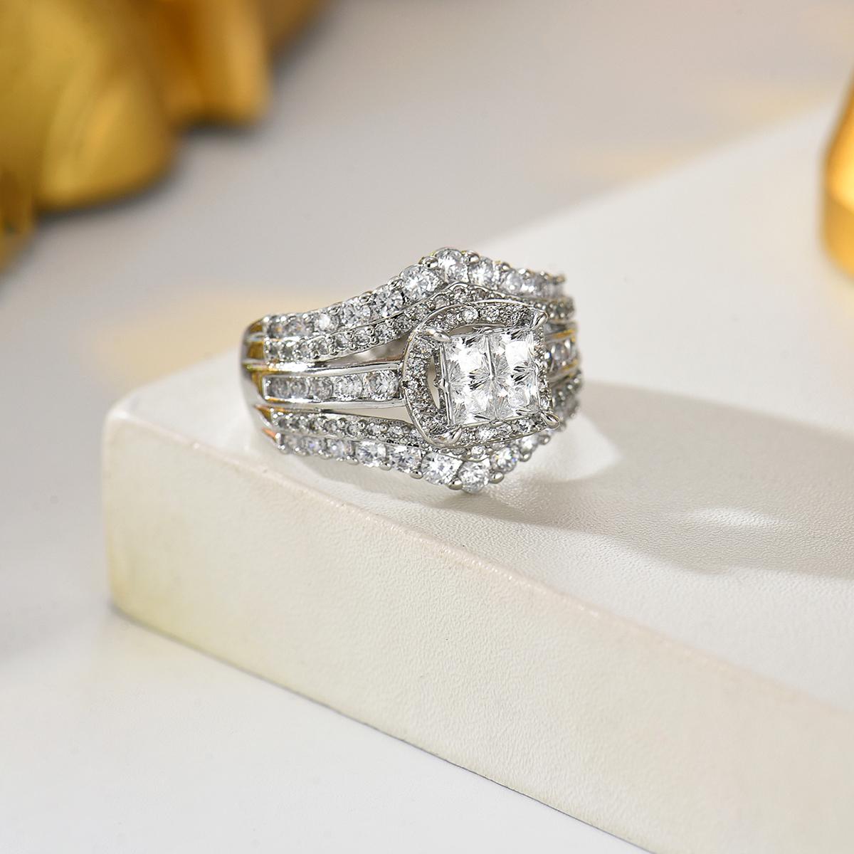 

Fashion Clear Crystal Ring Double Row Paved Zircon Halo Ring Anniversary Gift For Women