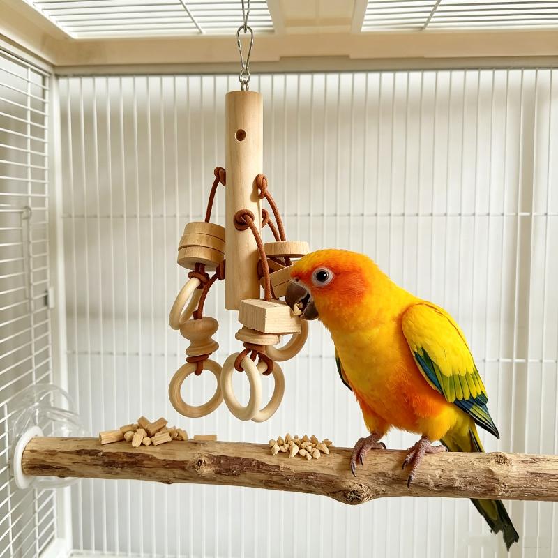 Hanging Parrot Chew Toy 1Pcs Natural Wood Blocks Bird Bite Toy with Wooden Rings for Parakeets Cockatiels Anti-boredom
