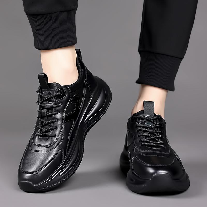 Thick Sole Versatile Clunky Sneaker For Men Genuine Leather Lace Up Breathable Casual Sports Shoes Increased Soft Soles