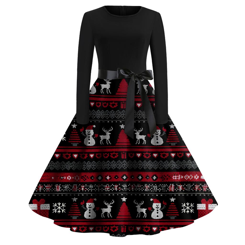 Damenmode Rundhals Lässig Slim Fit Weihnachtsdruck Weit schwingendes Langarmkleid