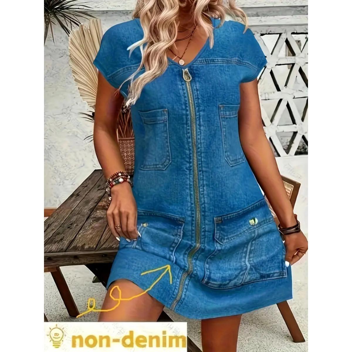 New European American Women s Dress Imitation Denim Print Milk Silk Short Sleeve Casual Dress S синий