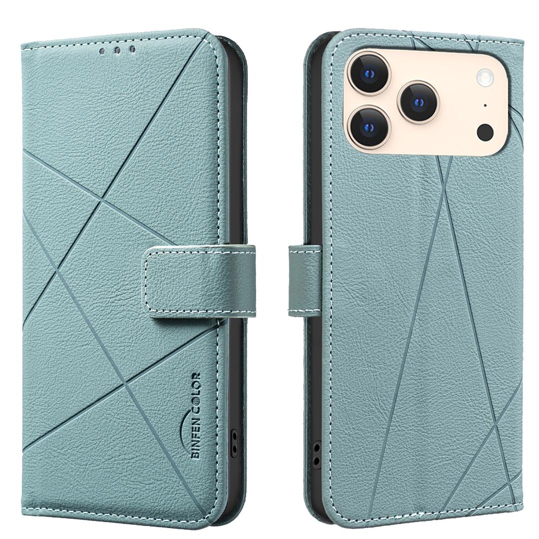 

For iPhone 17 Pro Max Case BINFEN COLOR BF35 Geometry Imprinted Leather Phone Cover RFID Blocking Wallet Stand Green