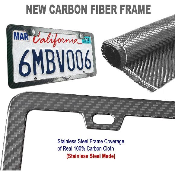 Carbon Fiber License Plate Frame- 100% Handcrafted Real Carbon Fiber Cloth Wrapped Holder, Slim Black Stainless Steel Car Tag Cover With Screws Caps,