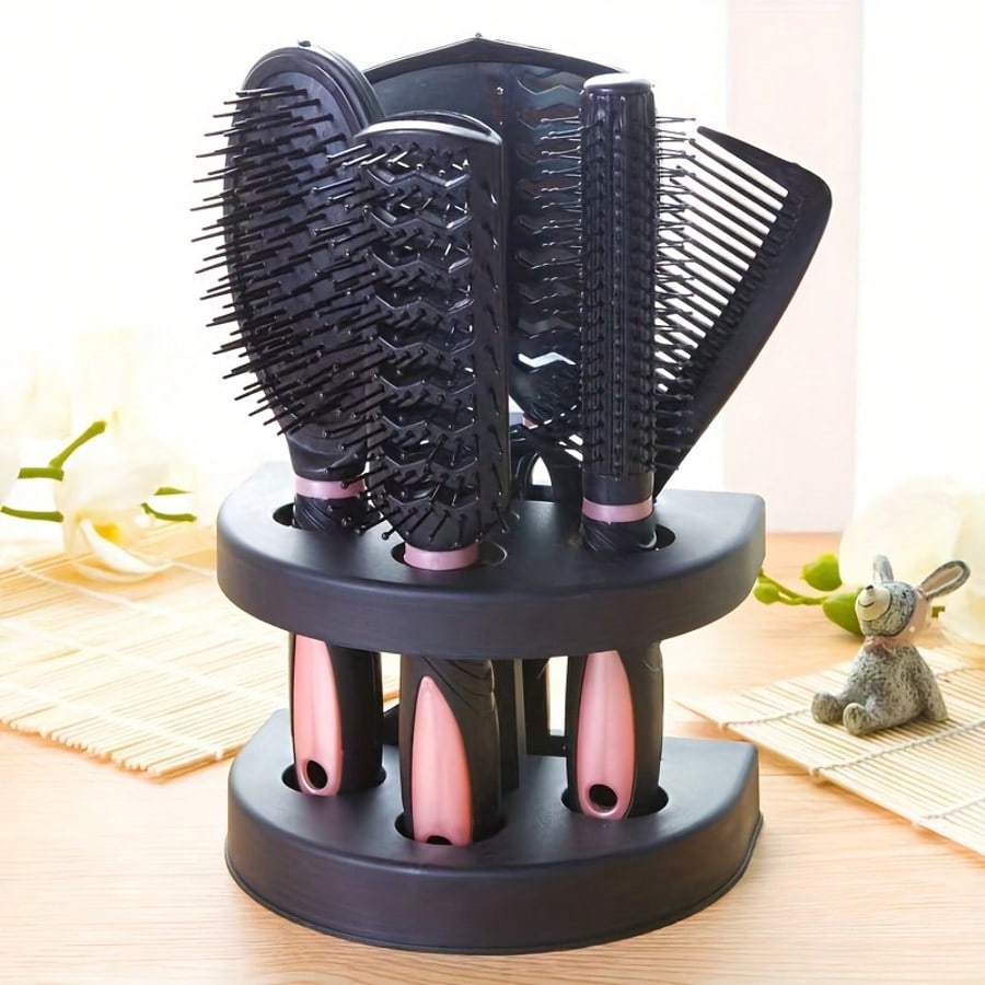 

5pcs/Set Hairdressing Brush Holder Set, Hair Styling Brush With Mirror, Hairdressing Comb For All Hair Types,Hair Brush,Comb,Hair Tools розовый