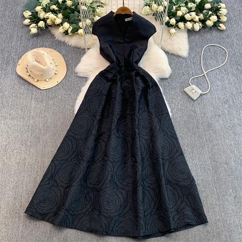 Elegant Women Contrast Color High Waist Evening Dress Beautiful Chic Jacquard Waist-cinching A-line  Spring New Women DRESS