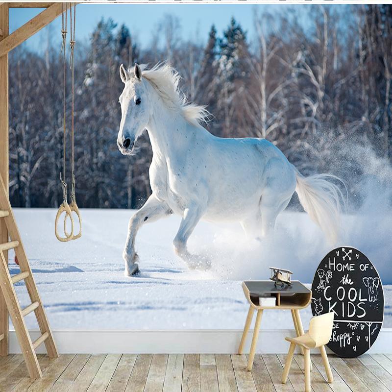 Weißes Pferd auf Schnee laufend Wandbilder Tapete Wohnzimmer TV Schlafzimmer Kunst Wandbild