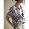 New Style Blue Plaid Silk Shirt for Women Long-sleeved Loose Mulberry Silk Top