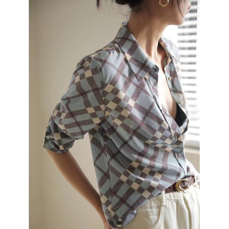 New Style Blue Plaid Silk Shirt for Women Long-sleeved Loose Mulberry Silk Top