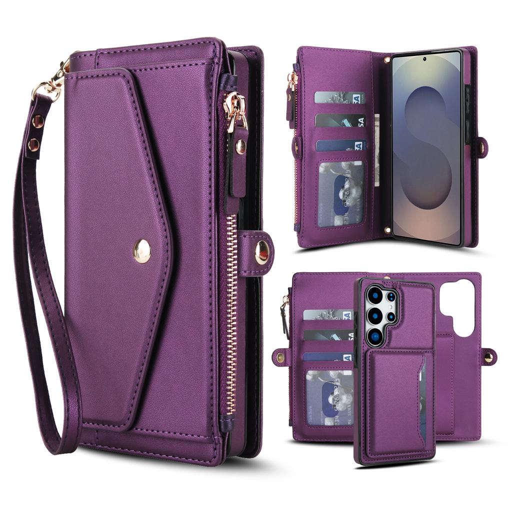 For Samsung Galaxy S25 Ultra Wallet Case Magnetic Detachable PU Leather Phone Cover with 2 Straps