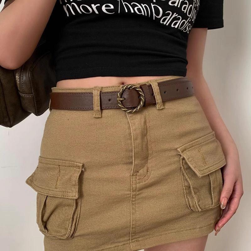 Black And Elegant Brown Pu Belts For Women With Decorative Round Buckles Stock In
