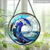 2D Flat Stained Glass Blue Waves Window Decoration, 7.87inches Turbulent Seas Design Colored Glass Plate with Chain, Charming Spring Summer Sun