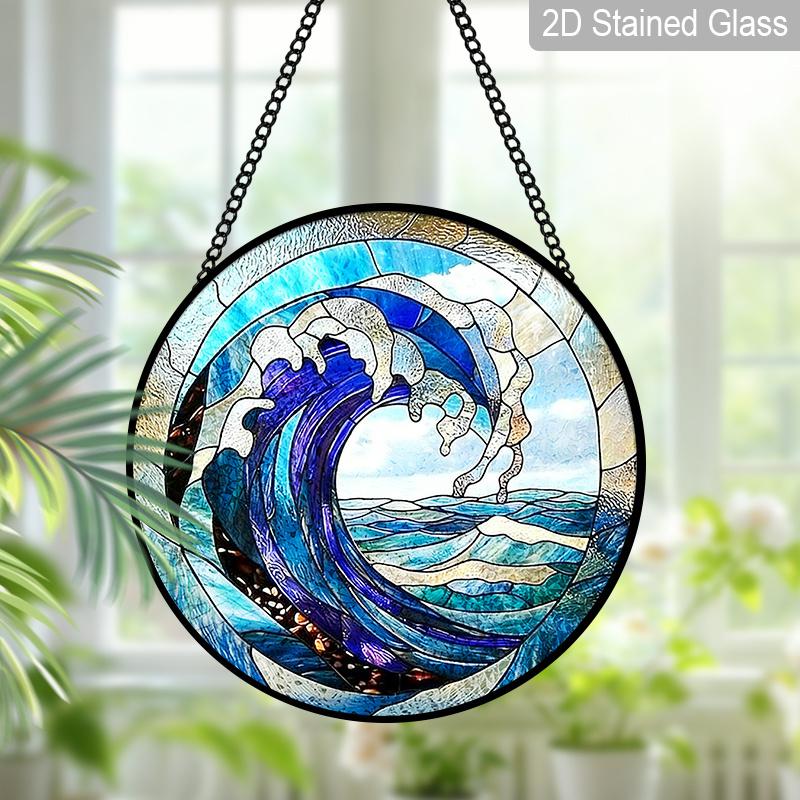 2D Flat Stained Glass Blue Waves Window Decoration, 7.87inches Turbulent Seas Design Colored Glass Plate with Chain, Charming Spring Summer Sun