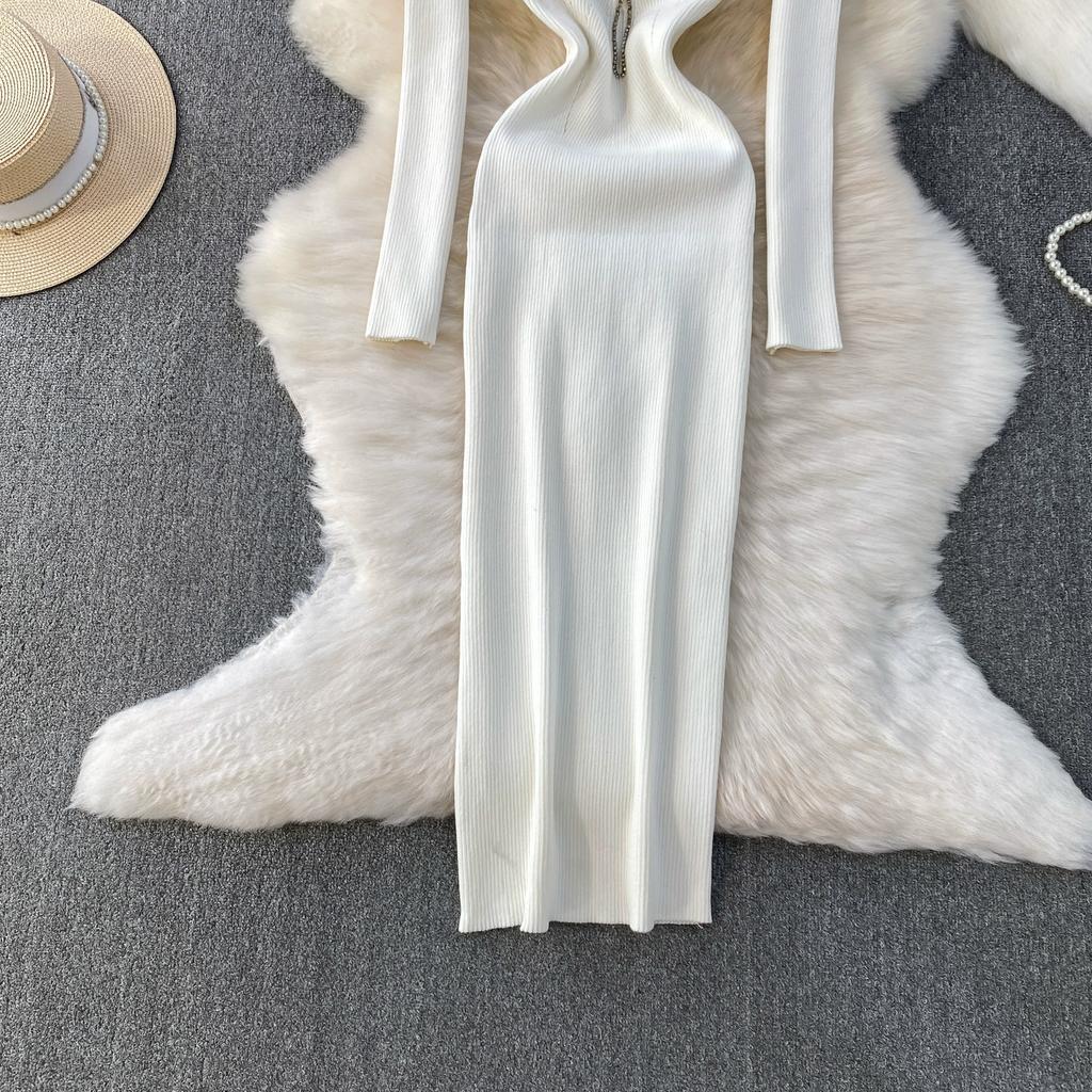 Autumn Spring Women Sexy Square Collar Luxury Beading Knitted Sweater Party Dress Long Midi Sheath Bodycon Sheath Dresses