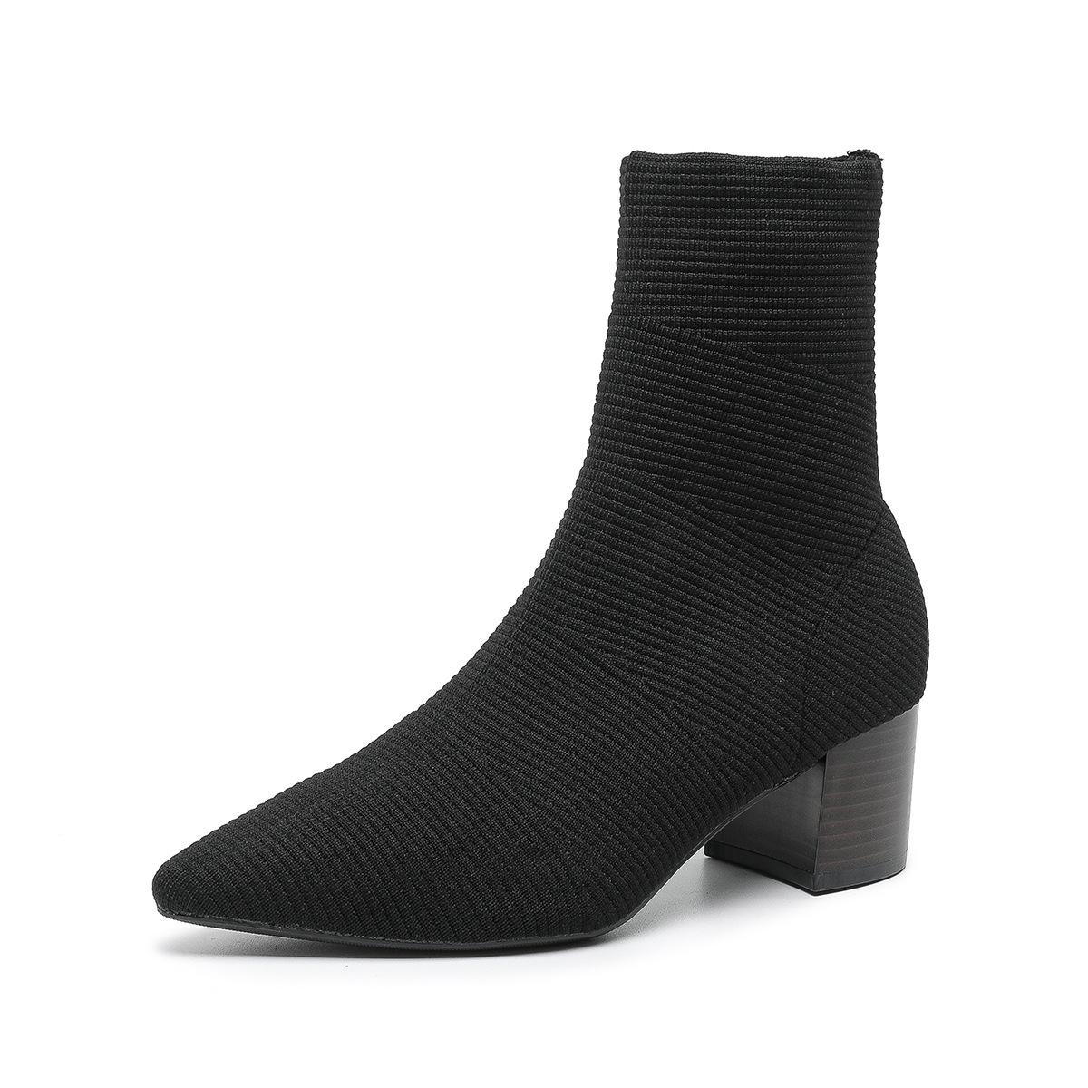 Женские остроносые ботильоны-носки на низком толстом блочном каблуке эластичные короткие ботильоны удобные женские трикотажные ботинки Челси 34 чёрный 3455₽