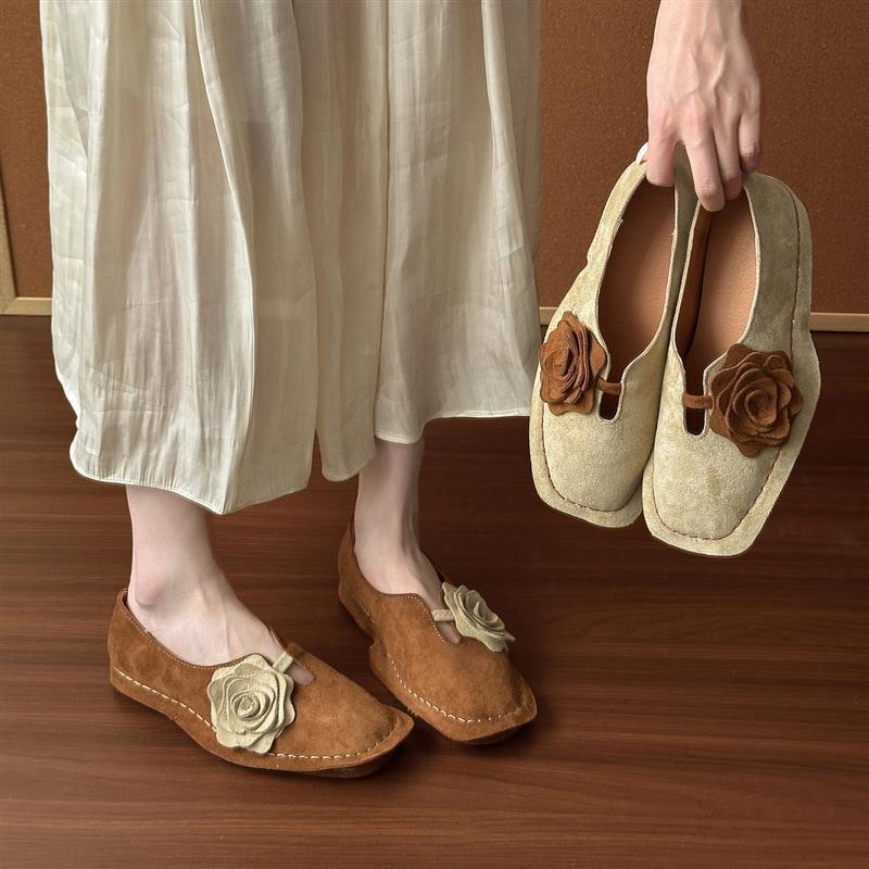 Retro Nische Blume Quadratkopfschuhe Damen Sommer und Herbst flache weichsohlige handgefertigte Schuhe Kinder